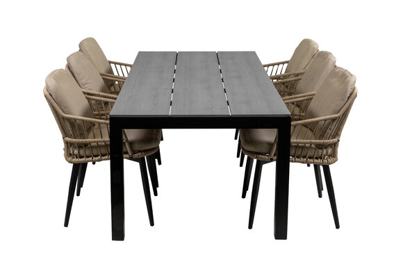 7-delige tuinset | 6 Isabel stoelen (Sand) | 225cm Cyprus tuintafel (Grey)