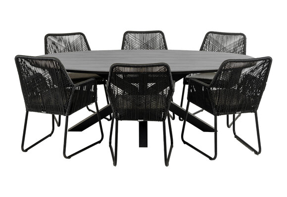 7-delige tuinset | 6 Mona tuinstoelen (Black) | 220cm ovale Cyprus tuintafel (Grey)