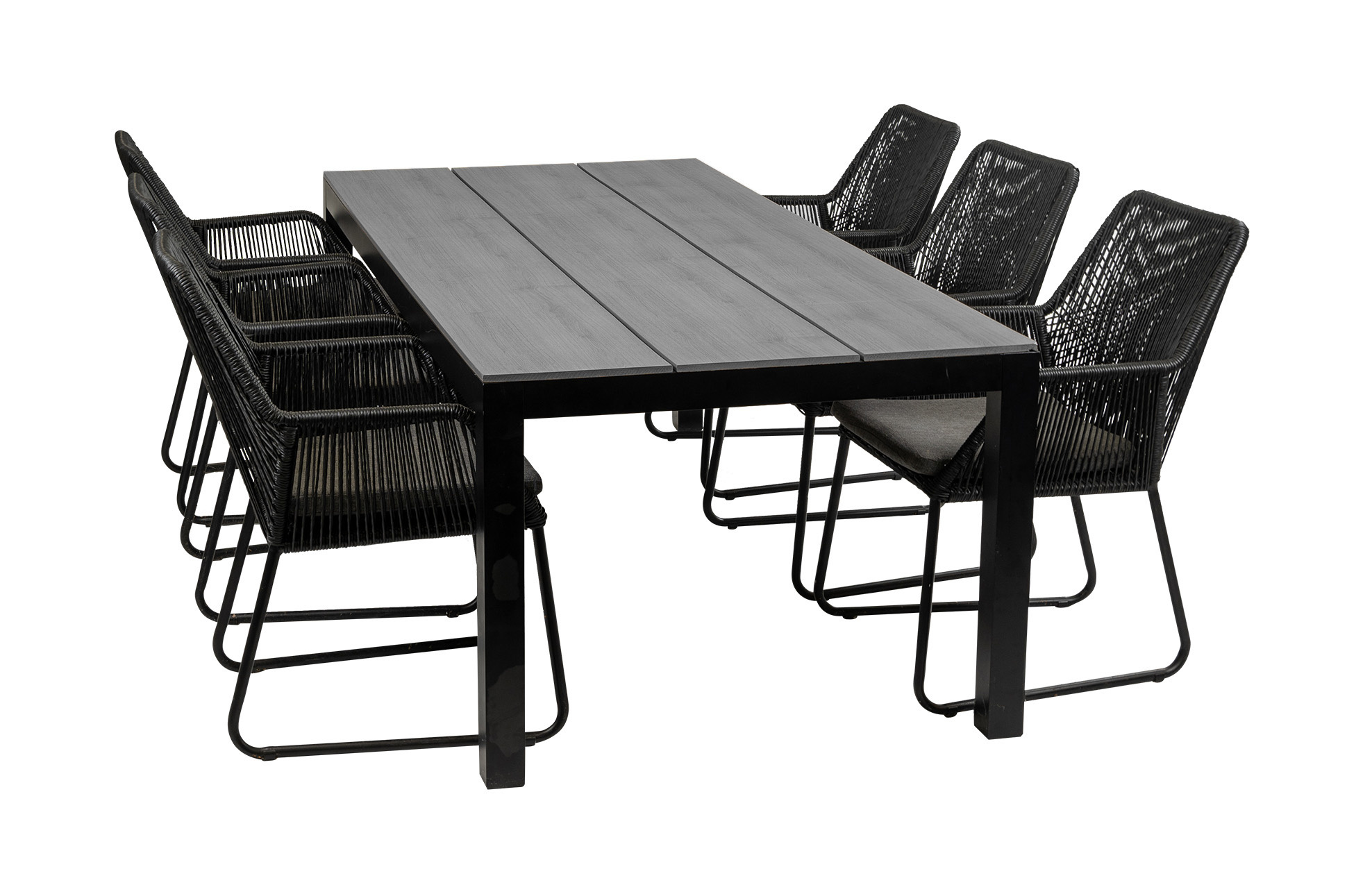 4 Seizoenen Tuinmeubelen 7-delige tuinset | 6 Mona tuinstoelen (Black) | 225cm Cyprus tuintafel (Grey)