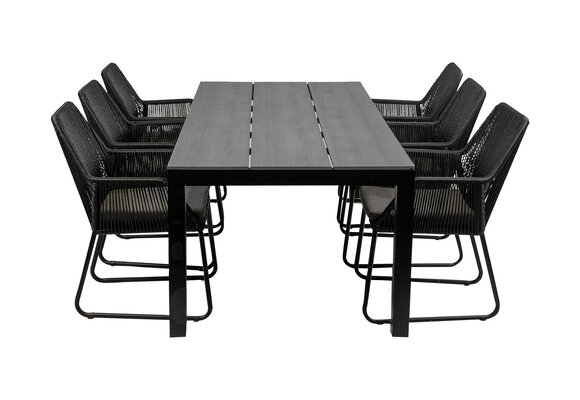 7-delige tuinset | 6 Mona tuinstoelen (Black) | 225cm Cyprus tuintafel (Grey)
