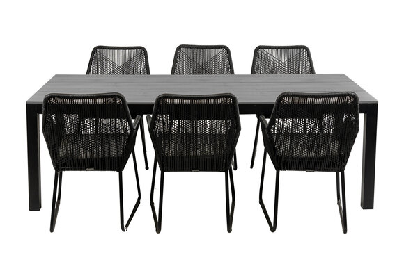 7-delige tuinset | 6 Mona tuinstoelen (Black) | 225cm Cyprus tuintafel (Grey)