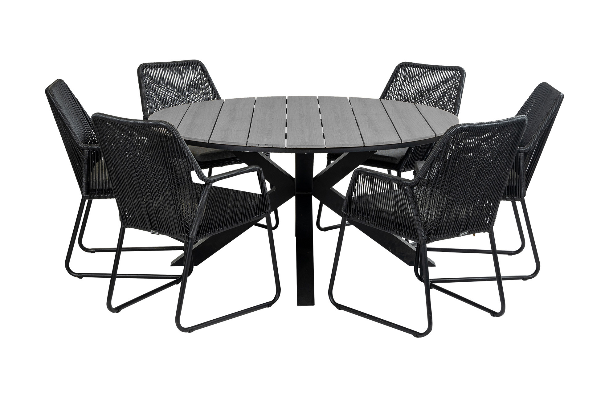 4 Seizoenen Tuinmeubelen 7-delige ronde tuinset | 6 Mona tuinstoelen (Black) | ⌀150cm Cyprus tuintafel (Grey)