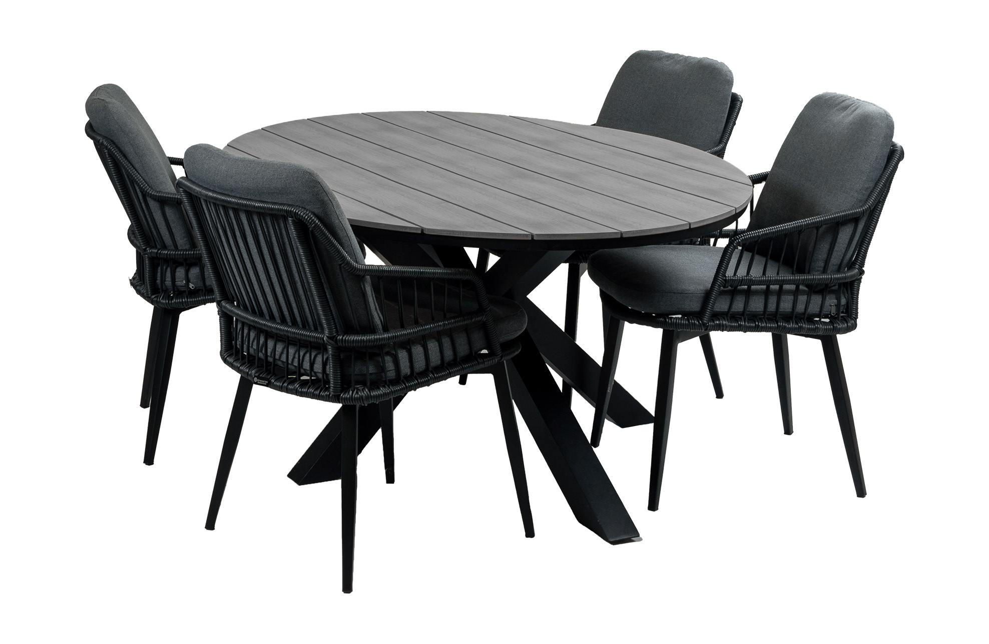 4 Seizoenen Tuinmeubelen 5-delige tuinset | 4 Isabel tuinstoelen (Black) | 180 cm ovale Cyprus tuintafel (Grey)
