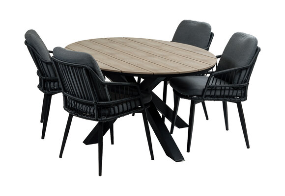 5-delige tuinset | 4 Isabel tuinstoelen (Black) | 180cm ovale Cyprus tuintafel (Wood)