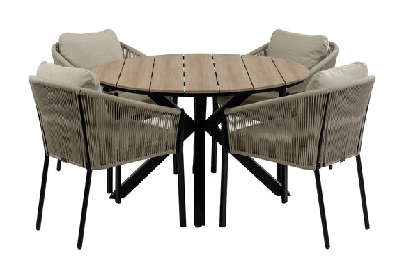 5-delige ronde tuinset | 4 Elvira tuinstoelen (Black) | Tuintafel Cyprus ø120cm (Wood)