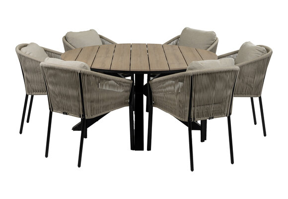 7-delige ronde tuinset | 6 Elvira tuinstoelen (Black) | Tuintafel Cyprus ø150cm (Wood)