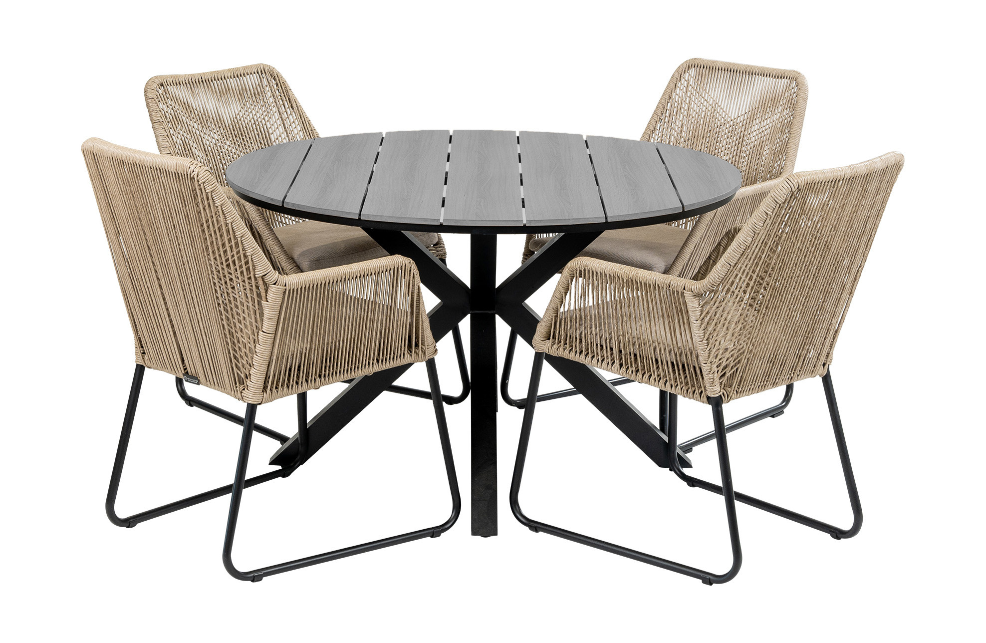 4 Seizoenen Tuinmeubelen 5-delige ronde tuinset | 4 Mona tuinstoelen (Sand) | ⌀120cm Cyprus tuintafel (Grey)