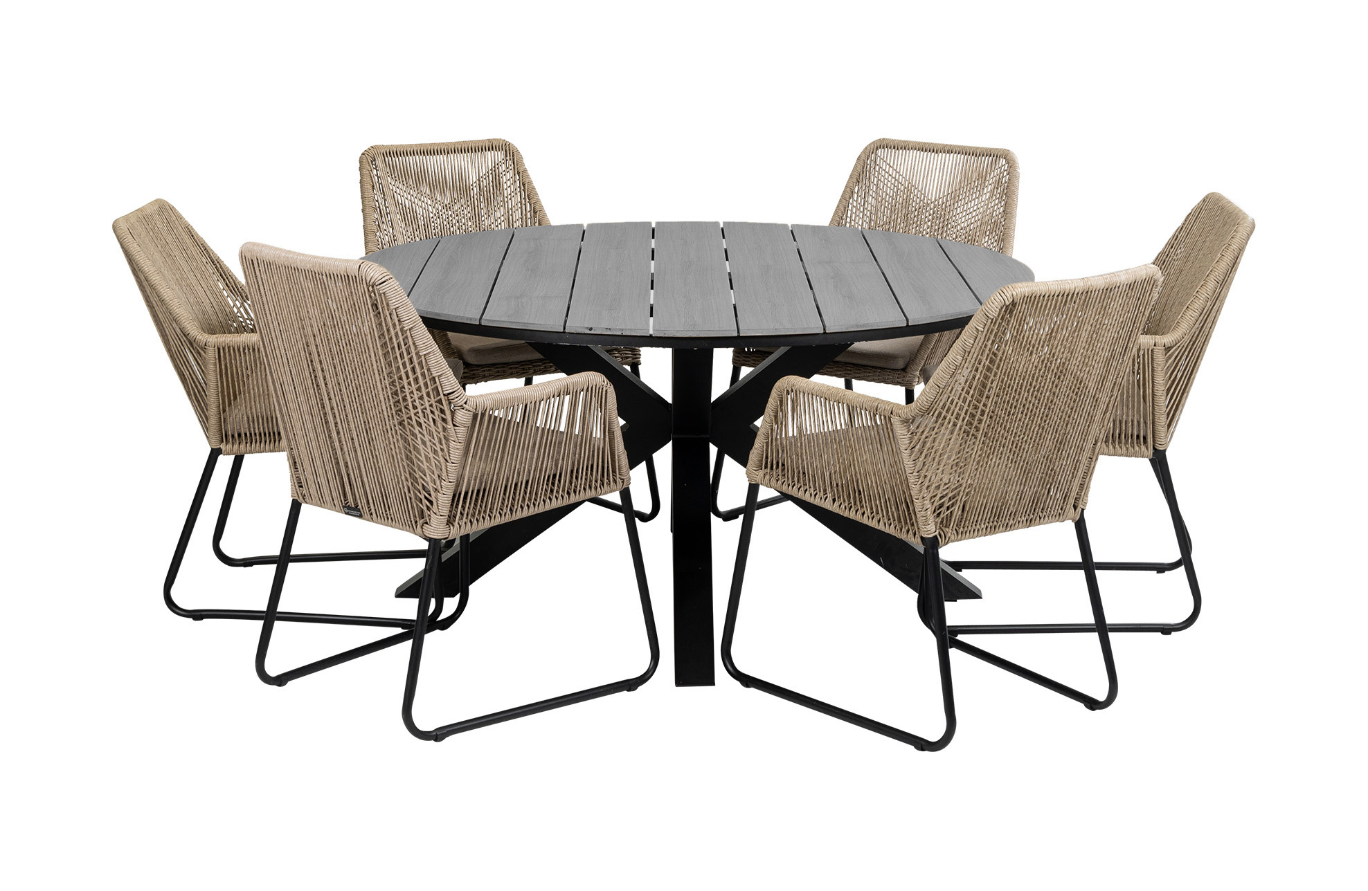 4 Seizoenen Tuinmeubelen 7-delige ronde tuinset | 6 Mona tuinstoelen (Sand) | ⌀150cm Cyprus tuintafel (Grey)