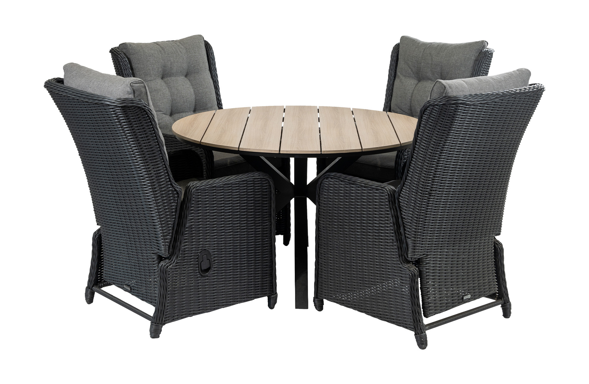 4 Seizoenen Tuinmeubelen 5-delige ronde tuinset | 4 Dublin verstelbare stoelen (BL) | ⌀120cm Cyprus tuintafel (Wood)