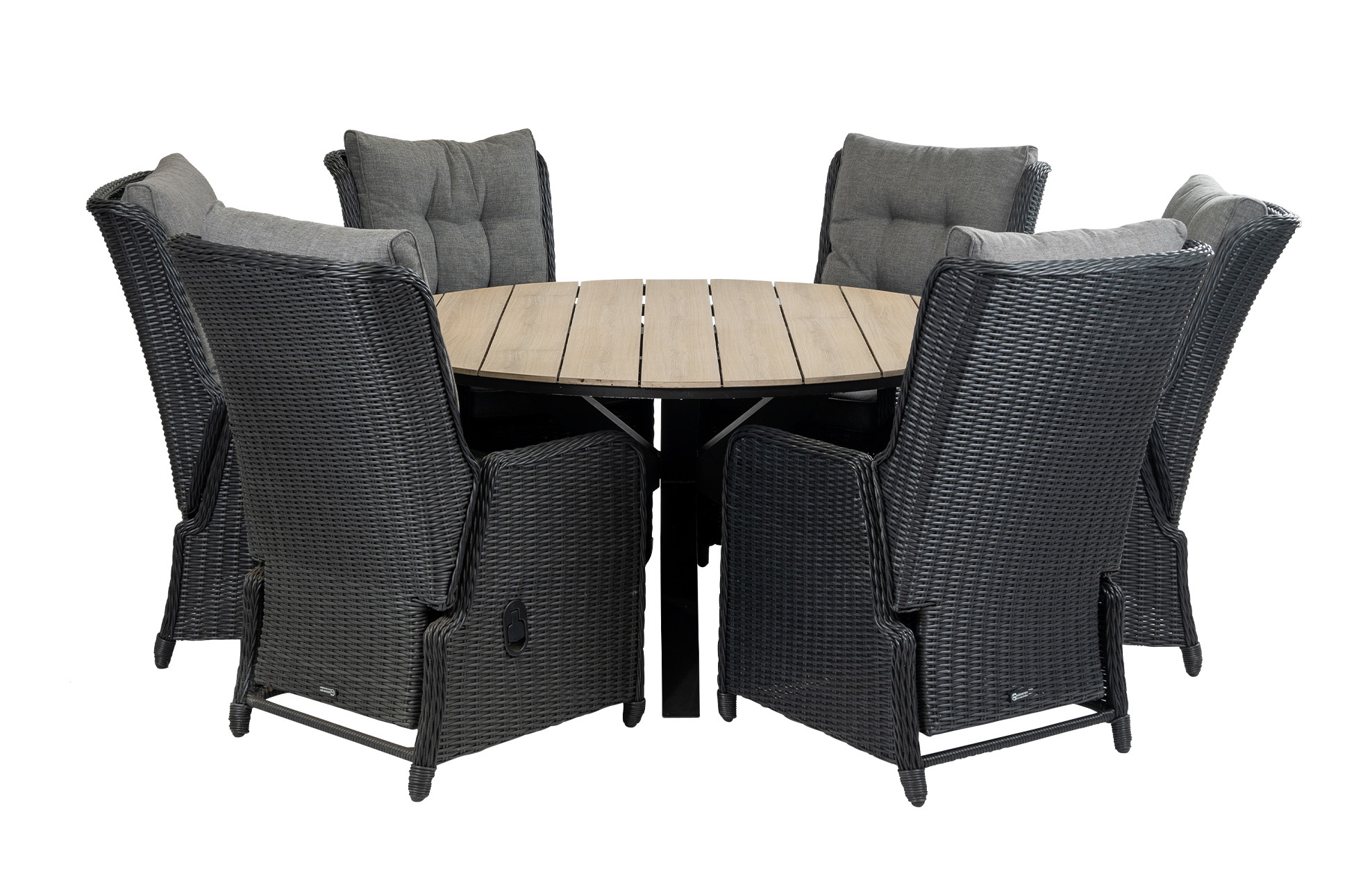 4 Seizoenen Tuinmeubelen 7-delige ronde tuinset | 6 Dublin verstelbare stoelen (BL) | ⌀150cm Cyprus tuintafel (Wood)