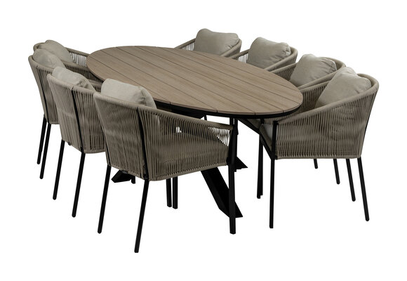 9-delige tuinset | 8 Elvira tuinstoelen (Black) | Tuintafel Cyprus 280x115cm (Wood)