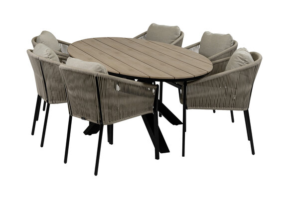 7-delige tuinset | 6 Elvira tuinstoelen (Black) | Tuintafel Cyprus 220x115cm (Wood)