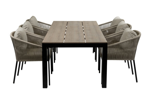 7-delige tuinset | 6 Elvira tuinstoelen (Black) | Tuintafel Cyprus 225x100cm (Wood)