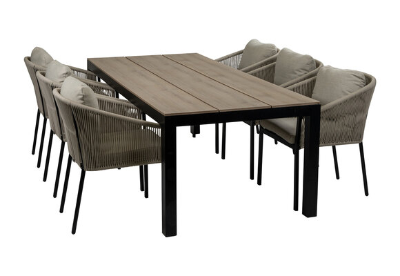 7-delige tuinset | 6 Elvira tuinstoelen (Black) | Tuintafel Cyprus 225x100cm (Wood)
