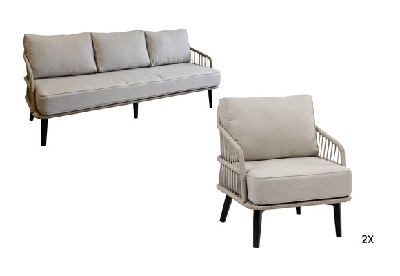 Isabel Loungeset | 3-persoons Loungebank + 2 Loungestoelen | Sand | Rope