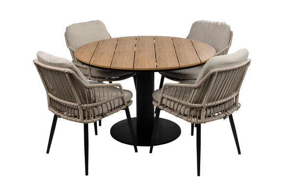 5-delige ronde tuinset | 4 Isabel tuinstoelen (Sand) | ø120cm Tower tuintafel (Black)