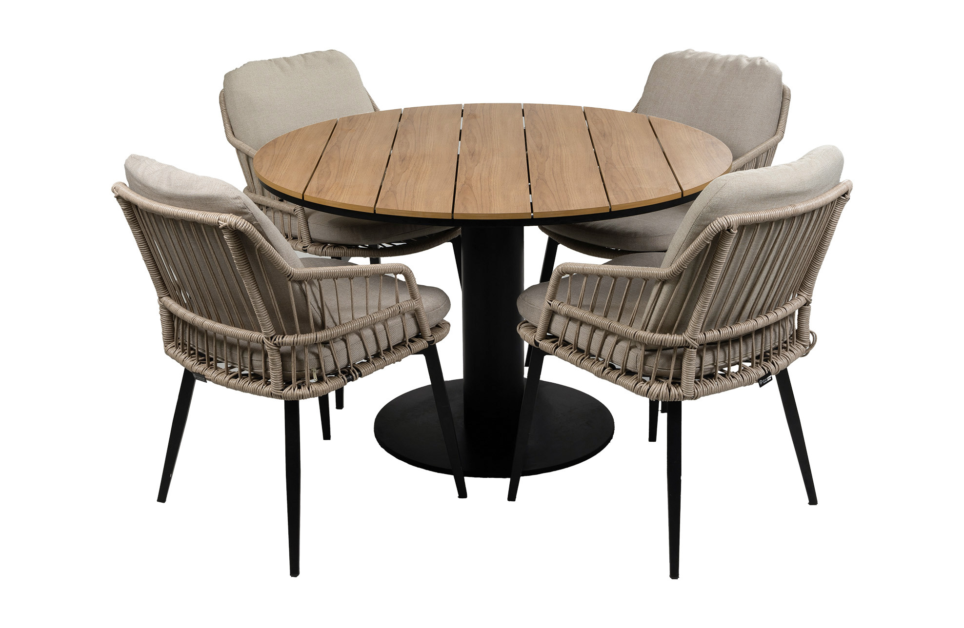 Normin 5-delige ronde tuinset | 4 Isabel tuinstoelen (Sand) | ø120cm Tower tuintafel (Black)