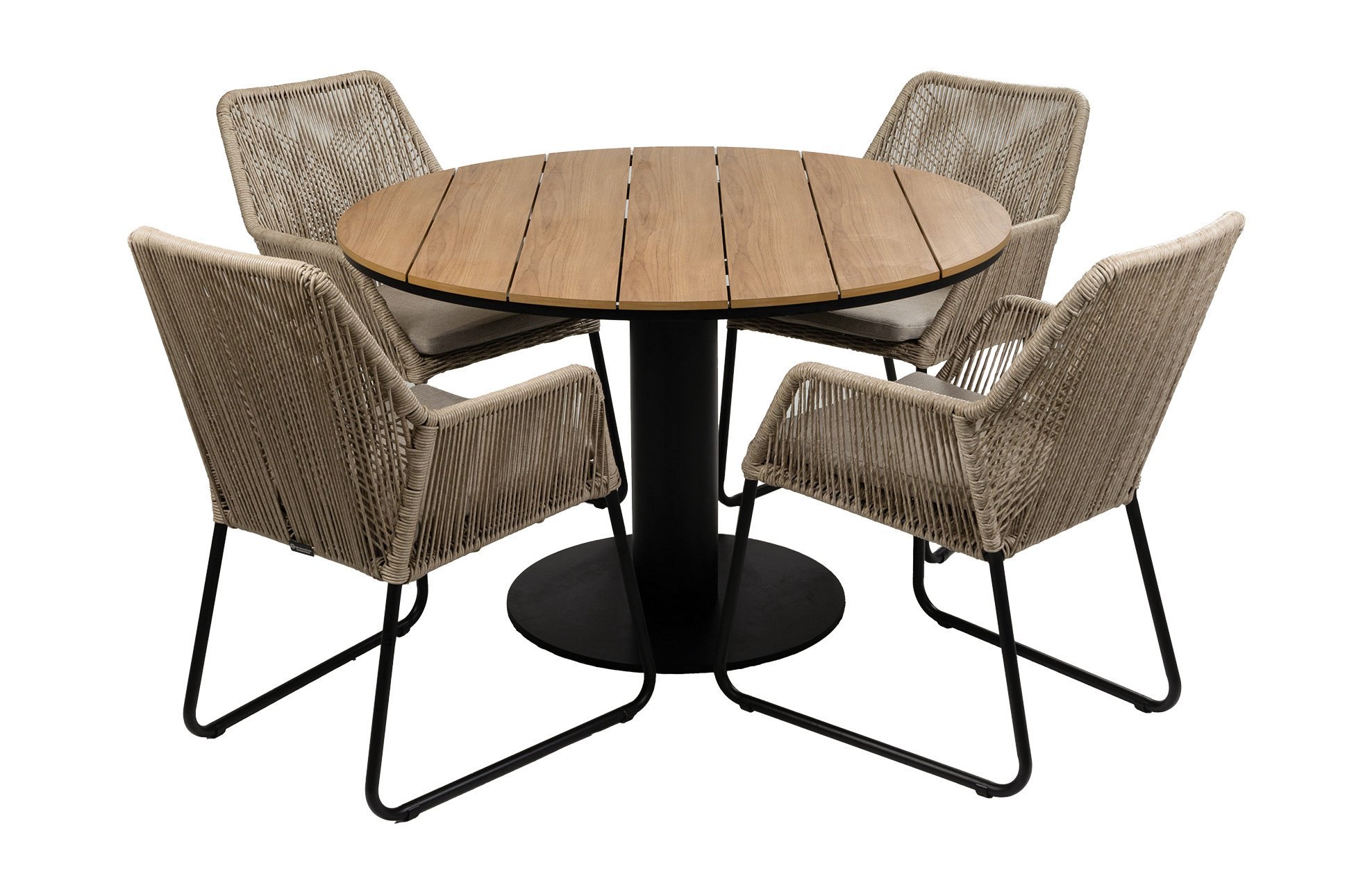 Normin 5-delige ronde tuinset | 4 Mona tuinstoelen (Sand) | ø120cm Tower tuintafel (Black)