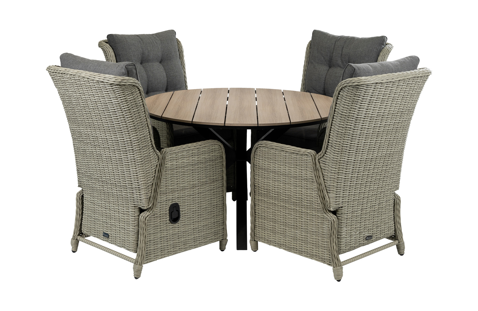 4 Seizoenen Tuinmeubelen 5-delige ronde tuinset | 4 Dublin verstelbare stoelen (MG) | ⌀120cm Cyprus tuintafel (Wood)