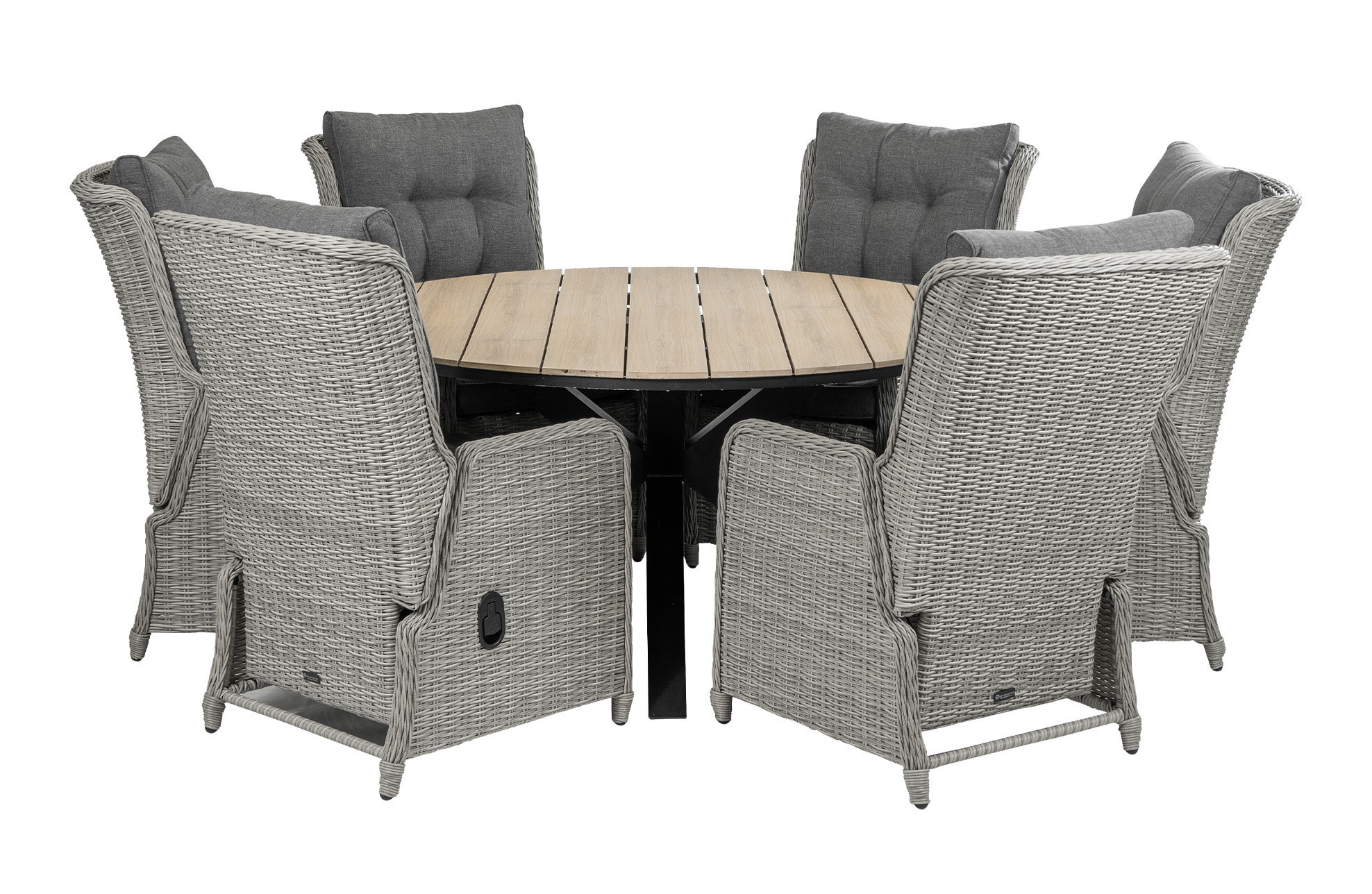 4 Seizoenen Tuinmeubelen 7-delige ronde tuinset | 6 Dublin verstelbare stoelen (MG) | ⌀150cm Cyprus tuintafel (Wood)