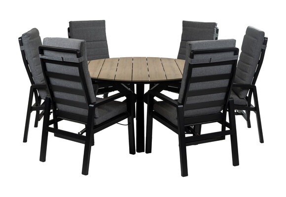 7-Delige ronde tuinset | 6 Berlijn tuinstoelen (Black) | Tuintafel Cyprus ø150cm (Wood)