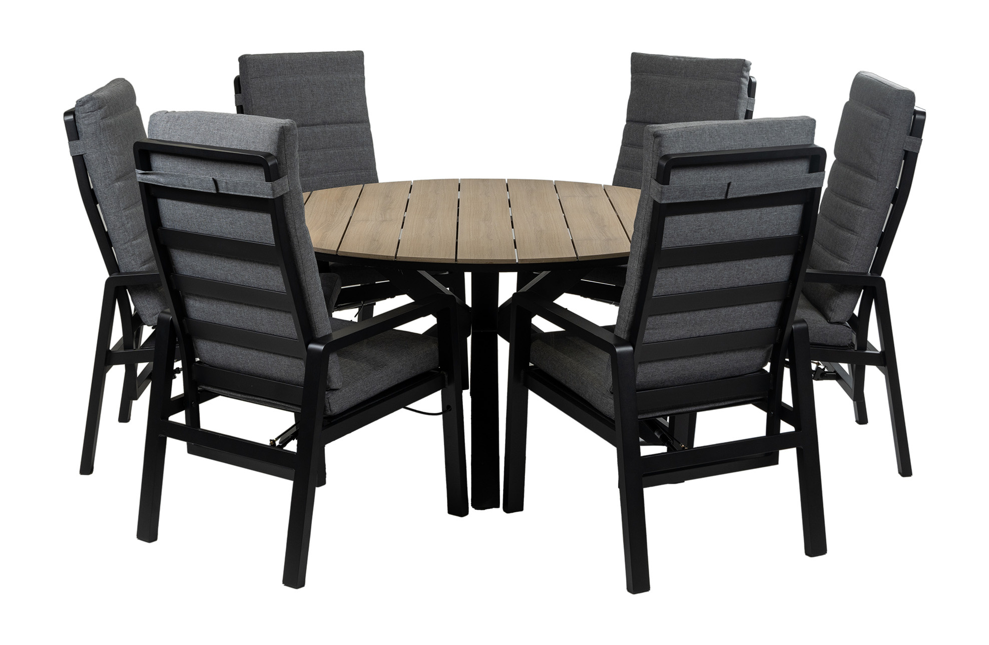 Normin 7-Delige ronde tuinset | 6 Berlijn tuinstoelen (Black) | Tuintafel Cyprus ø150cm (Wood)