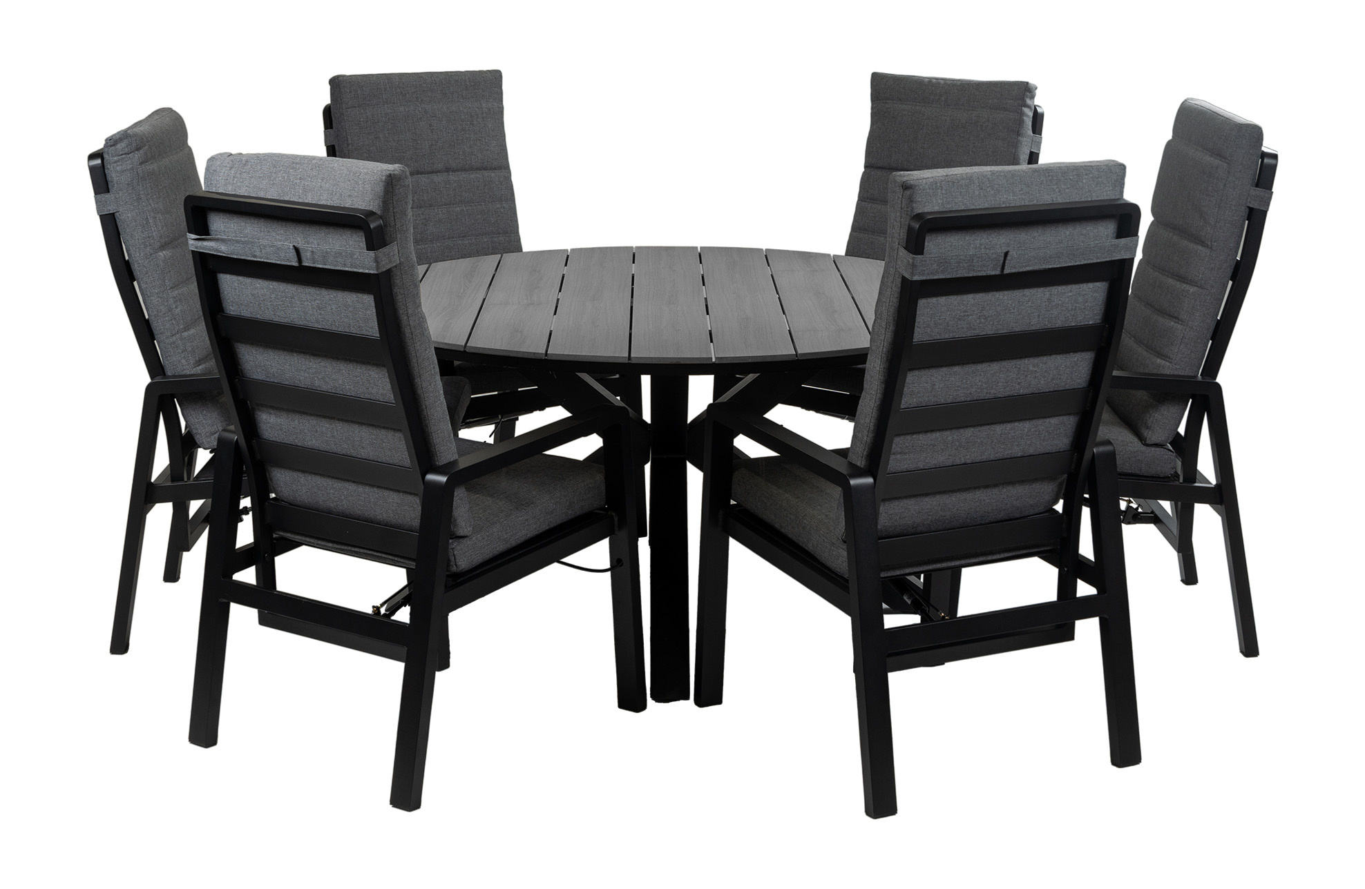 Normin 7-Delige ronde tuinset | 6 Berlijn tuinstoelen (Black) | Tuintafel Cyprus ø150cm (Grey)