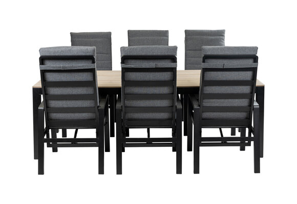 7-Delige tuinset | 6 Berlijn tuinstoelen (Black) | Tuintafel Cyprus 225x100cm (Wood)