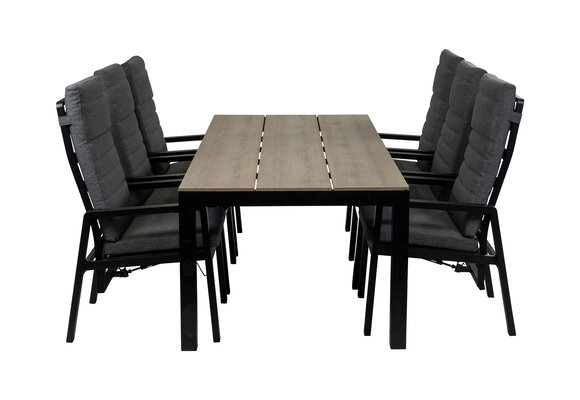 7-Delige tuinset | 6 Berlijn tuinstoelen (Black) | Tuintafel Cyprus 225x100cm (Wood)