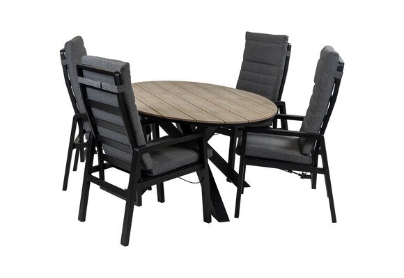 5-Delige tuinset | 4 Berlijn tuinstoelen (Black) | 180cm ovale Cyprus tuintafel (Wood)