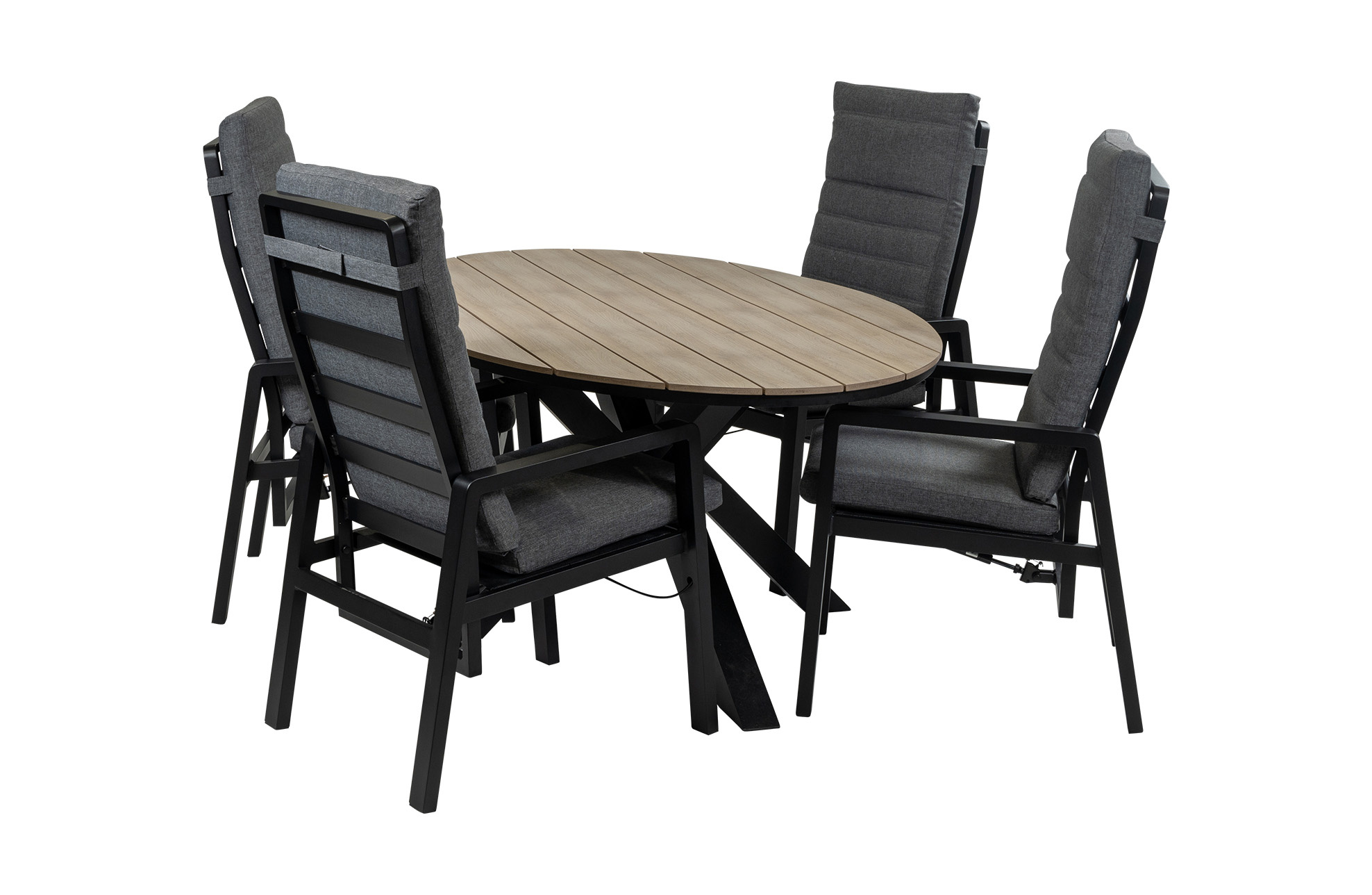 Normin 5-Delige tuinset | 4 Berlijn tuinstoelen (Black) | 180cm ovale Cyprus tuintafel (Wood)