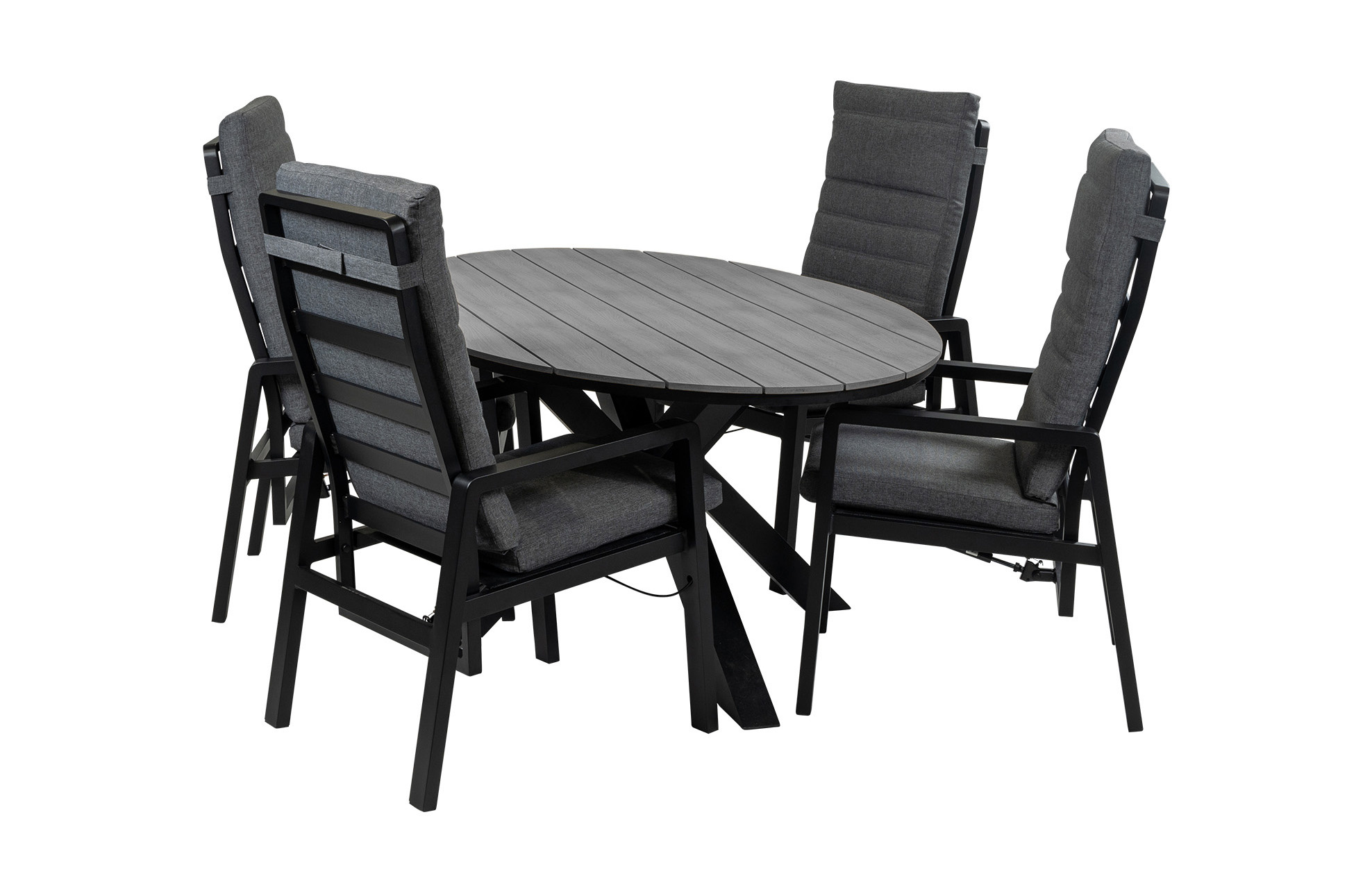 Normin 5-Delige tuinset | 4 Berlijn tuinstoelen (Black) | 180cm ovale Cyprus tuintafel (Grey)