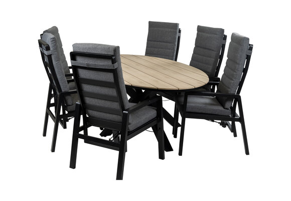 7-Delige tuinset | 6 Berlijn tuinstoelen (Black) | 220cm ovale Cyprus tuintafel (Wood)