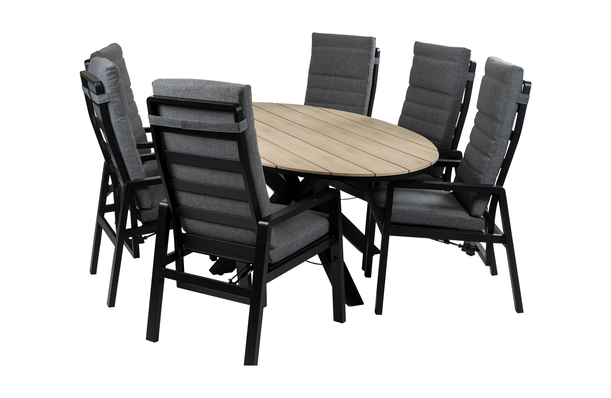 Normin 7-Delige tuinset | 6 Berlijn tuinstoelen (Black) | 220cm ovale Cyprus tuintafel (Wood)