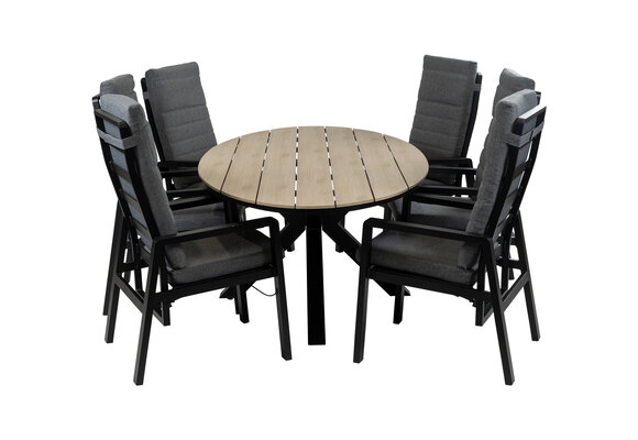 7-Delige tuinset | 6 Berlijn tuinstoelen (Black) | 220cm ovale Cyprus tuintafel (Wood)