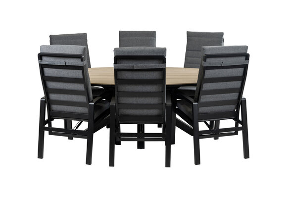 7-Delige tuinset | 6 Berlijn tuinstoelen (Black) | 220cm ovale Cyprus tuintafel (Wood)