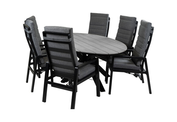 7-Delige tuinset | 6 Berlijn tuinstoelen (Black) | 220cm ovale Cyprus tuintafel (Grey)