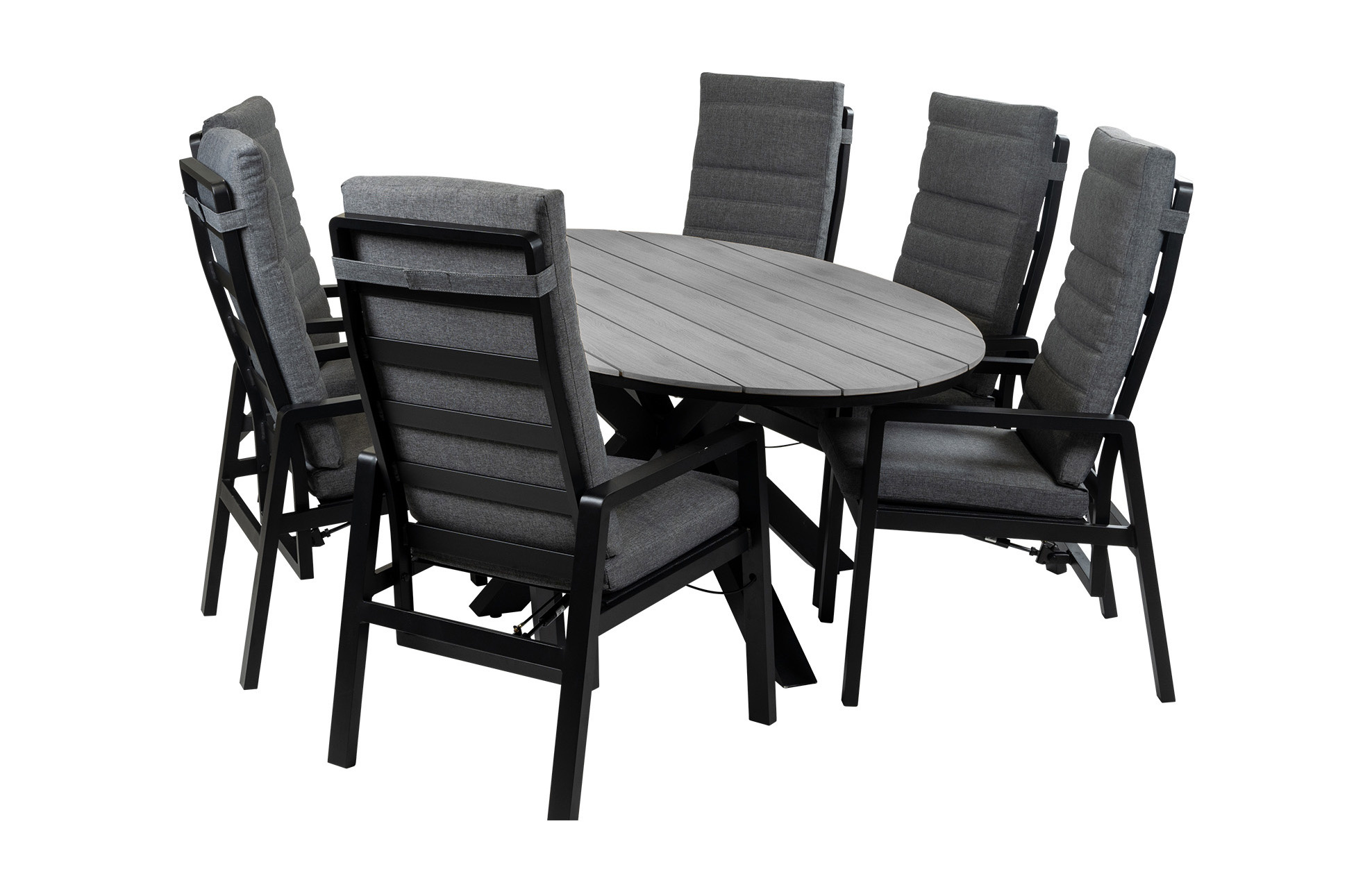 Normin 7-Delige tuinset | 6 Berlijn tuinstoelen (Black) | 220cm ovale Cyprus tuintafel (Grey)
