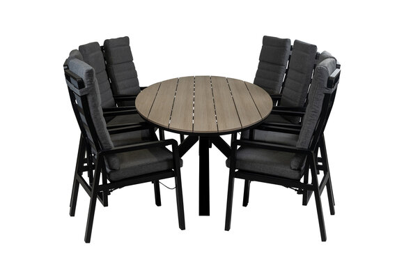 9-Delige tuinset | 8 Berlijn tuinstoelen (Black) | 280cm ovale Cyprus tuintafel (Wood)