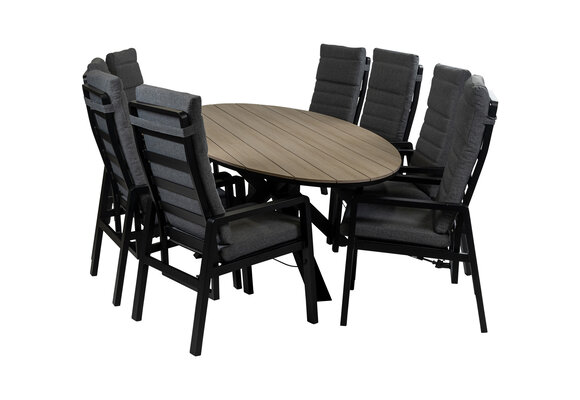 9-Delige tuinset | 8 Berlijn tuinstoelen (Black) | 280cm ovale Cyprus tuintafel (Wood)