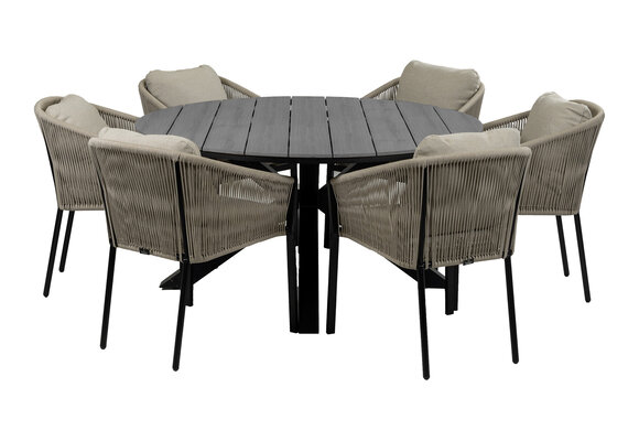 7-Delige ronde tuinset | 6 Tuinstoelen Elvira (Black) | Tuintafel Cyprus ø150cm (Grey)