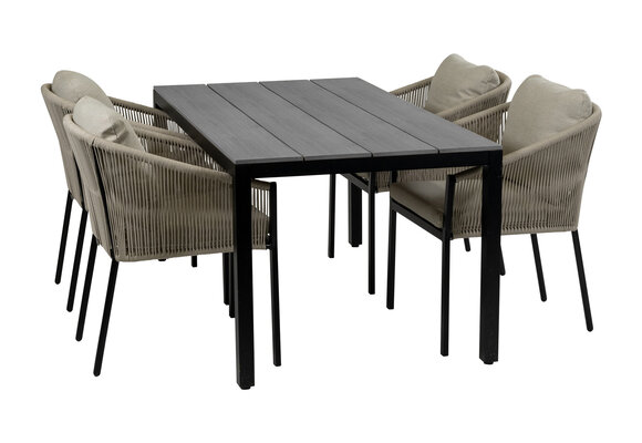 5-Delige tuinset | 4 Elvira tuinstoelen (Black) | Tuintafel Cyprus 160x90cm (Grey)