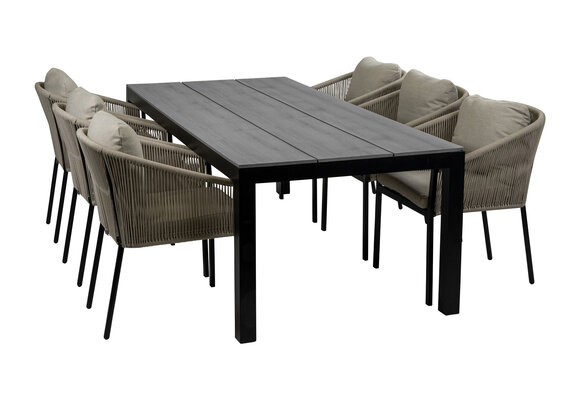 7-Delige tuinset | 6 Elvira tuinstoelen (Black) | Tuintafel Cyprus 225x100cm (Grey)