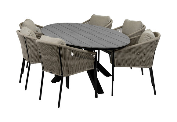 7-Delige tuinset | 6 Elvira tuinstoelen (Black) | 220cm ovale tuintafel Cyprus (Grey)