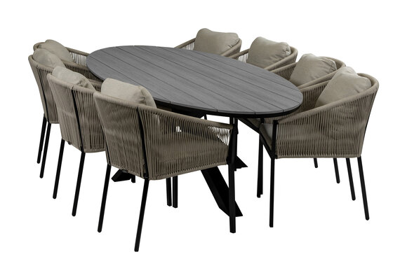 9-Delige tuinset | 8 Elvira tuinstoelen (Black) | 280cm ovale tuintafel Cyprus (Grey)
