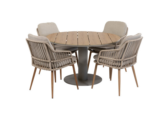 5-delige ronde tuinset | 4 Isabel tuinstoelen (Sand/Wood) | Tuintafel Tower ø120cm (Camel)