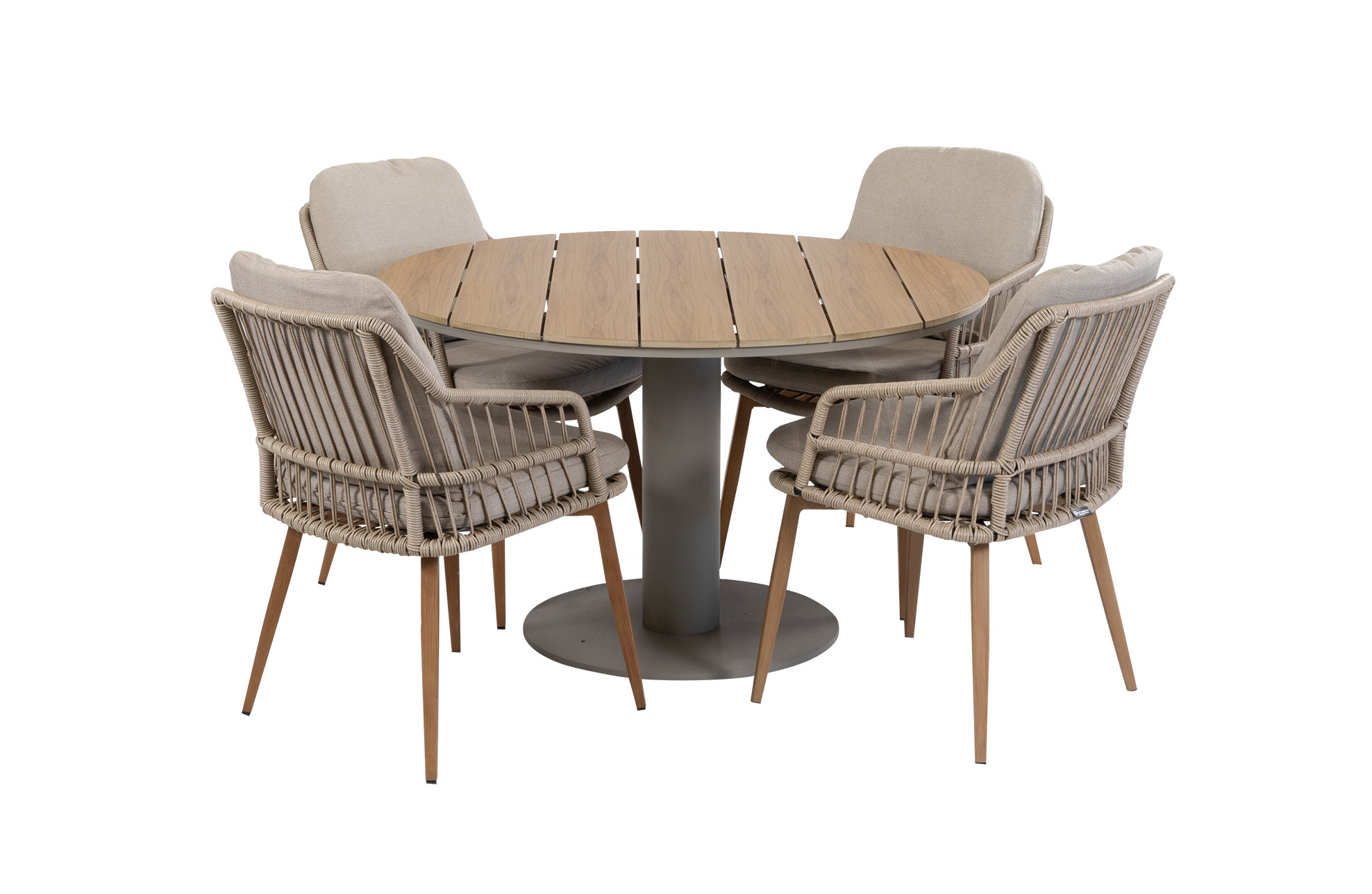 Normin 5-delige ronde tuinset | 4 Isabel tuinstoelen (Sand/Wood) | Tuintafel Tower ø120cm (Camel)