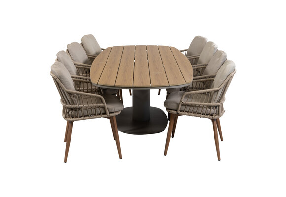 9-delige tuinset | 8 Isabel tuinstoelen (Sand/Wood) | Tuintafel Tower 260cm (Camel)