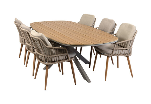 7-delige tuinset | 6 Isabel tuinstoelen (Sand/Wood) | Tuintafel Cadiz 240x115cm (Camel)