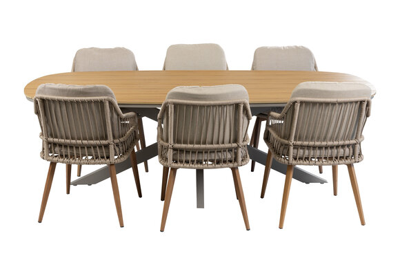 7-delige tuinset | 6 Isabel tuinstoelen (Sand/Wood) | Tuintafel Cadiz 240x115cm (Camel)